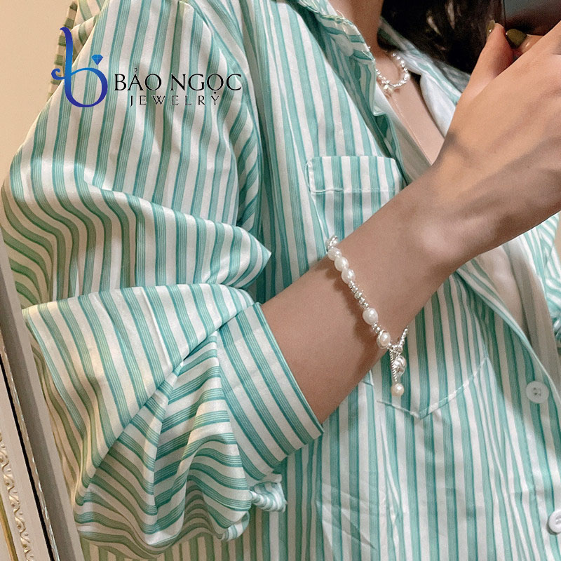 Lắc Tay Bạc Nữ Hình Trái Tim, Lắc Ngọc Trai Nữ Gắn Charm Bạc Độc Đáo, Vòng Tay Bạc Nữ Gắn Charm Xinh Xắn - LT2813.BNT2812 - Bảo Ngọc Jewelry