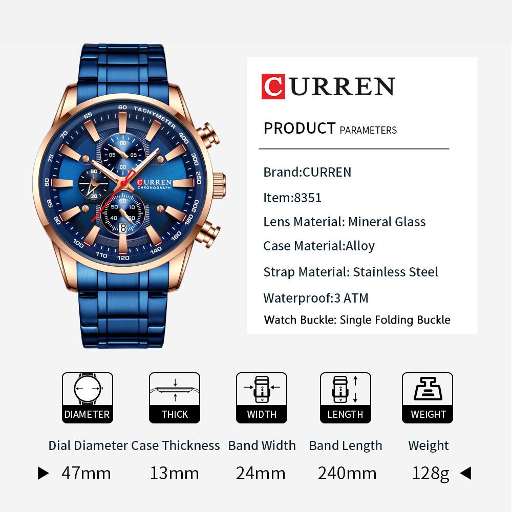 Đồng hồ bấm giờ Chống nước 3ATM Nam Dây đeo bằng thép không gỉ Hiển thị thời gian & Lịch CURREN