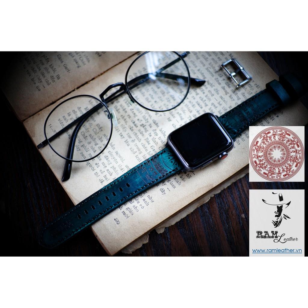 DÂY APPLE WATCH DA BÒ Ý VEGTAN XANH LỤC - RAM TRỐNG ĐỒNG AQUA GREEN - ĐỦ SIZE