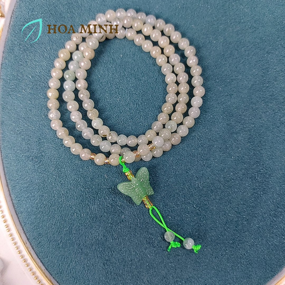 Vòng tay chuỗi 108 hạt Ngọc Cẩm Thạch Lam Dầu A size 5.3 li phối charm đá thạch anh aventurine mỹ miều tuyệt đẹp