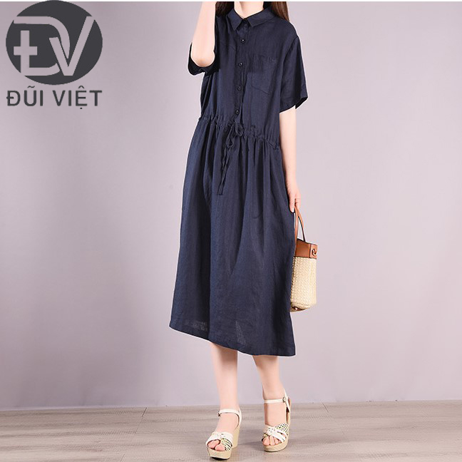 Đầm Nữ Form Suông Linen Cổ Sơ Mi Tay Ngắn Kèm Dây rút Eo Thoáng Mát Thời Trang Thương HIệu Chính Hãng Đũi Việt DV75