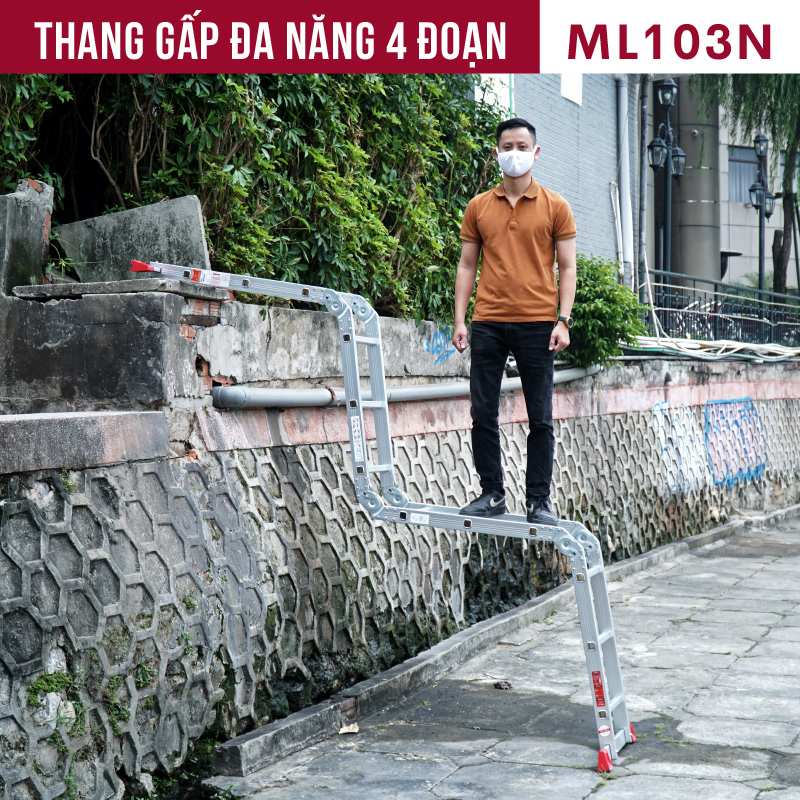 Thang nhôm gấp đa năng 4 đoạn 3.4M - 3.7M nhập khẩu CN Nhật Bản FUJIHOME ML103,  thang xếp đa năng 12 tư thế sử dụng - Hàng chính hãng