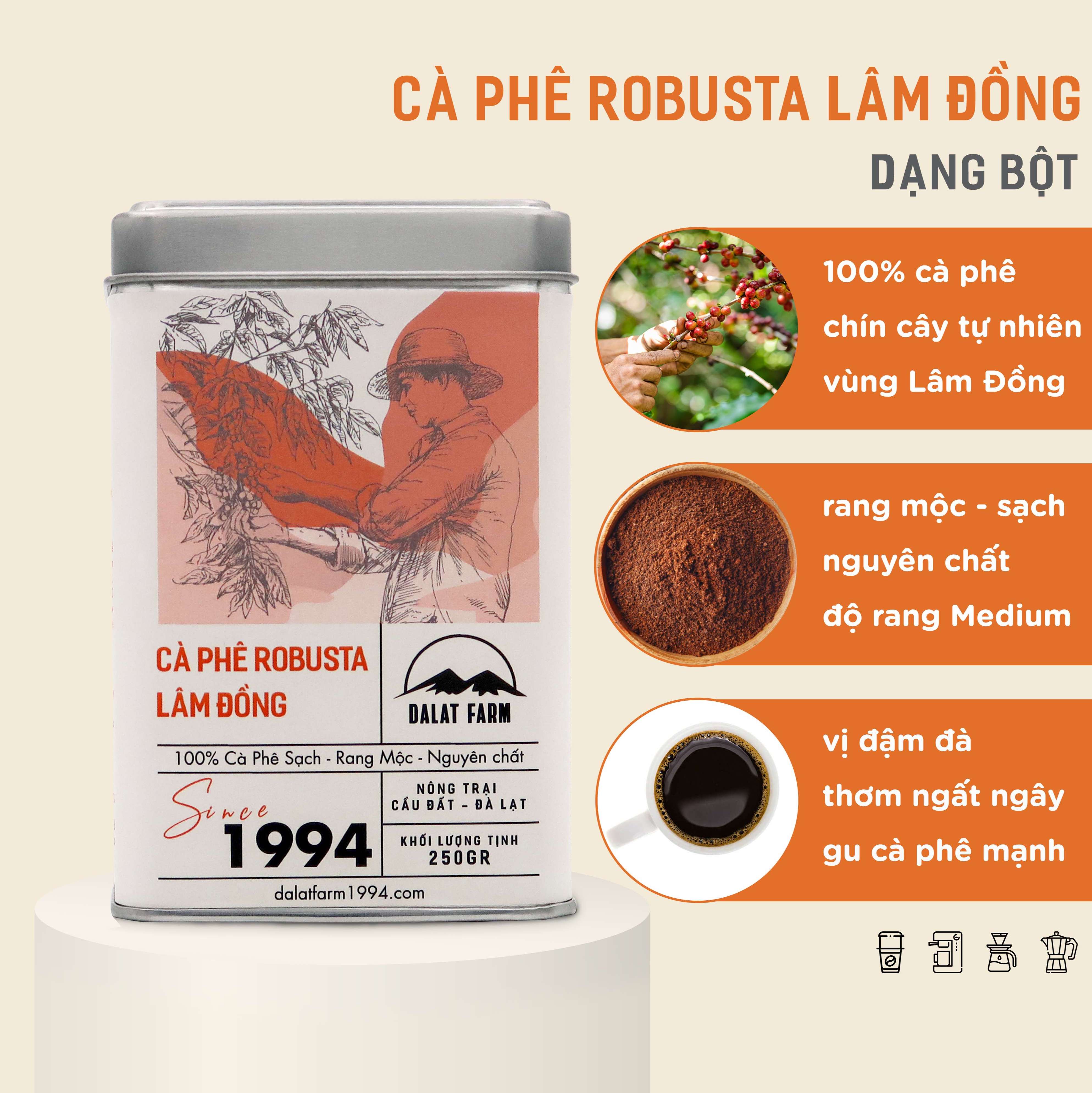 Cà Phê Robusta Lâm Đồng Rang Mộc Nguyên Chất- Hộp 250Gr (Dạng Bột)