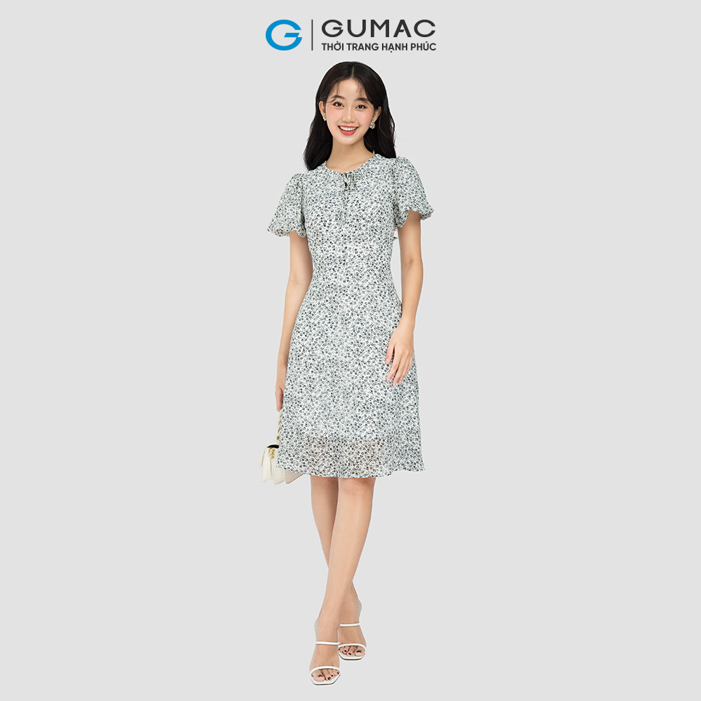 Đầm hoa nơ cổ GUMAC DC08107 - DD05083 đầm A 2 lớp cổ viền tròn sẻ V vải voan