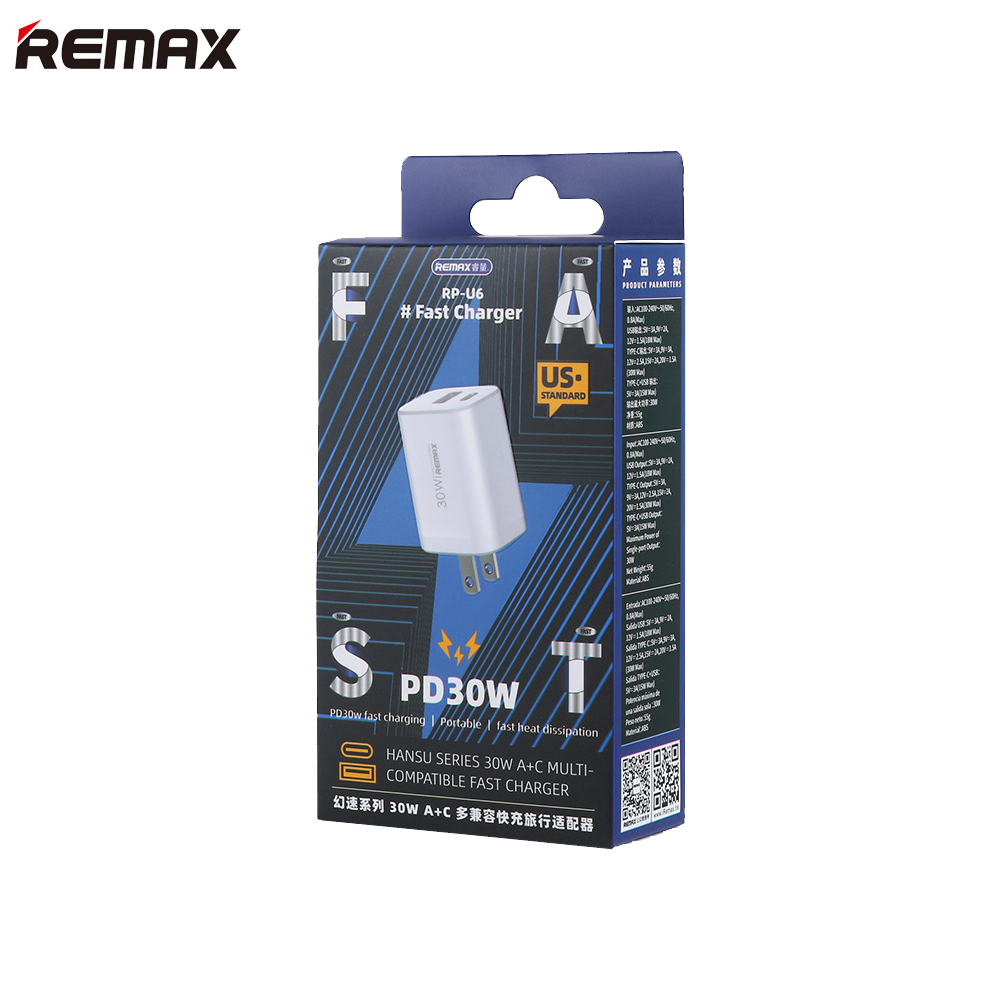 Củ sạc nhanh 30W công nghệ GaN Remax RP-U6 chuẩn kép QC+PD - Hàng chính hãng