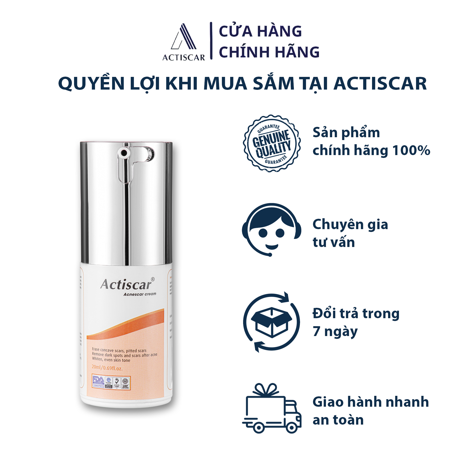 Kem Xóa Sẹo Lõm, Sẹo Rỗ Actiscar 20ml hỗ trợ làm mờ sẹo rỗ, lấp đầy sẹo lõm