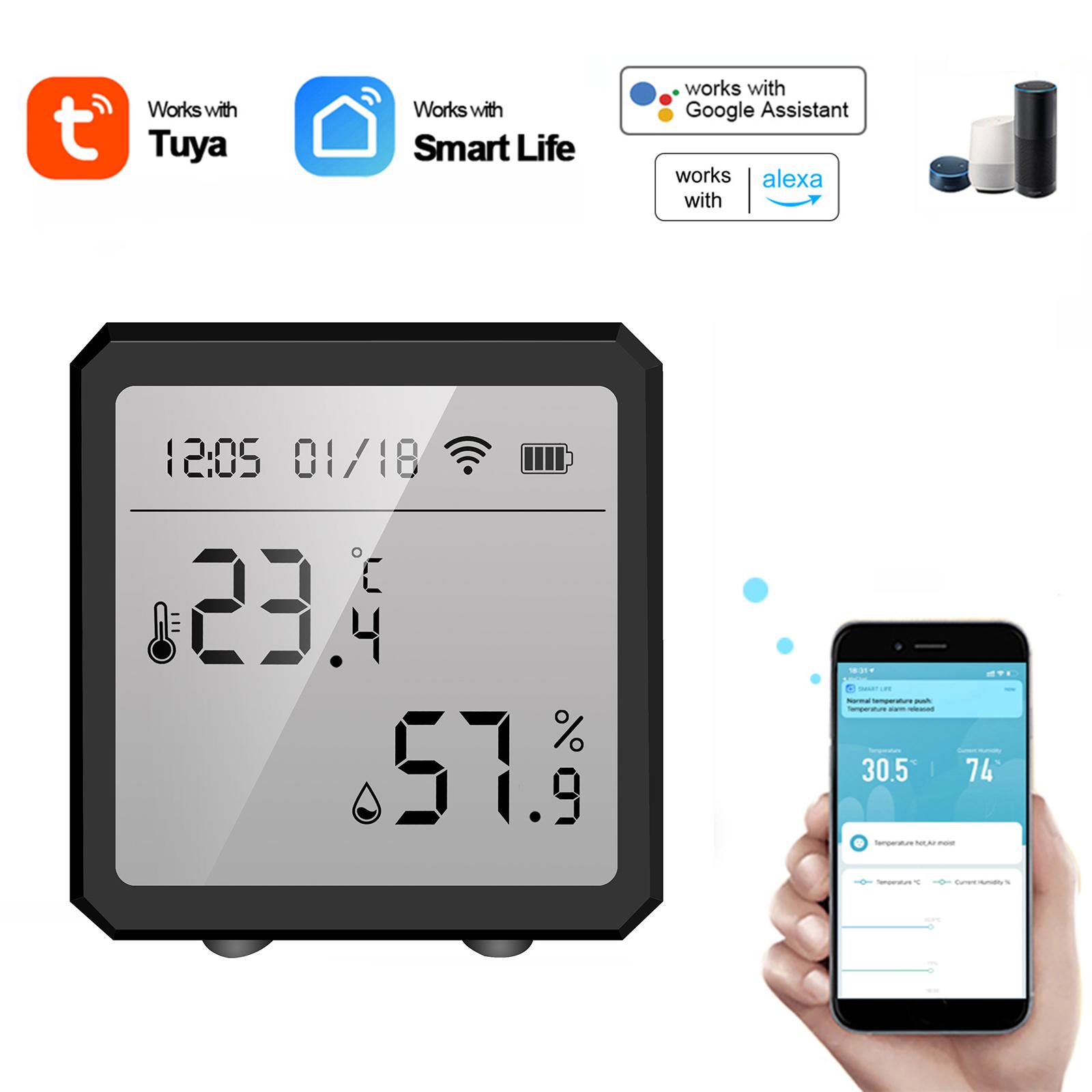 Tuya Smart WiFi Temperature Humidity Sensor Indoor Hygrometer Thermometer APP Remote Control with LCD Screen T&H Sensor ℃/℉ Switchable Compatible with Alexa Google Home