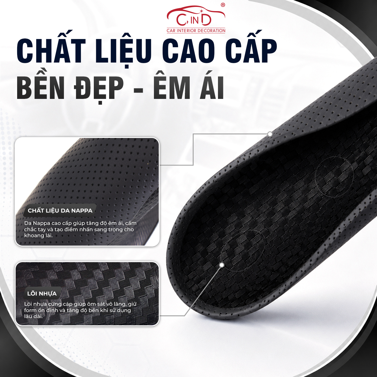 Ốp Bọc Vô Lăng CIND 2 Mảnh Da Nappa Cao Cấp Màu Đen