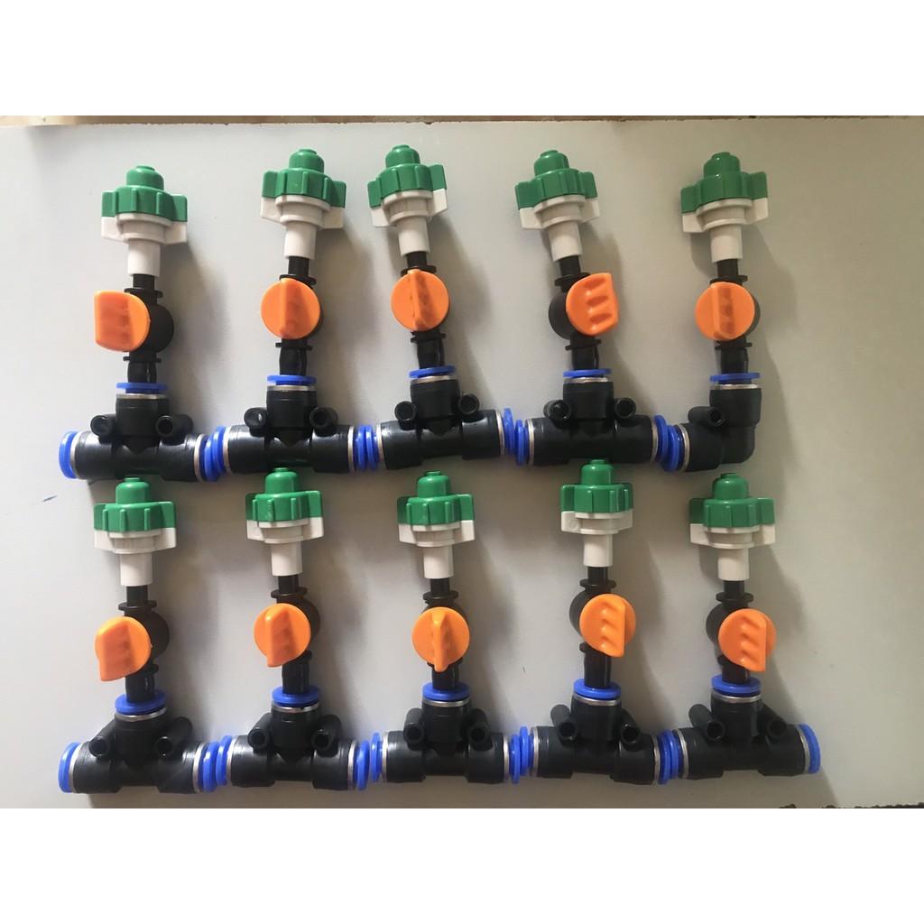 10 Béc phun sương 1 hướng xanh có van khóa kèm T nối ống 8mm