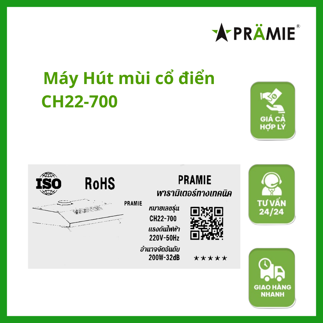 Máy hút mùi vẫy tay Pramie CH22-700_Hàng nhập khẩu Malaysia