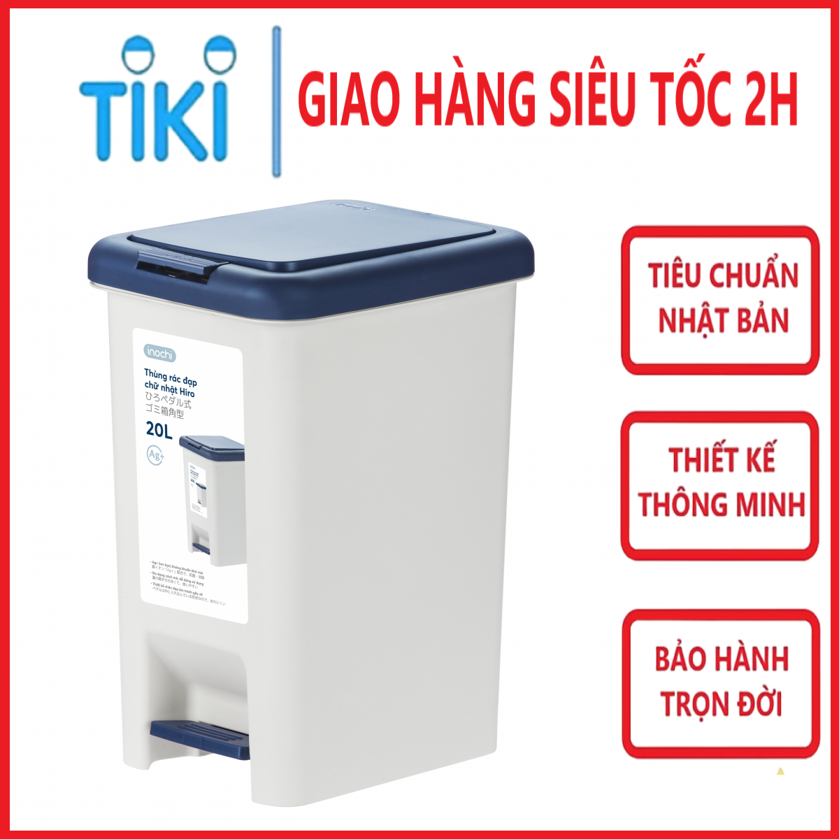 Thùng Rác Nhựa Cao Cấp Đạp Chân Nắp Đậy Chữ Nhật Inochi 20 Lít - (252 x 339 x 434 mm)