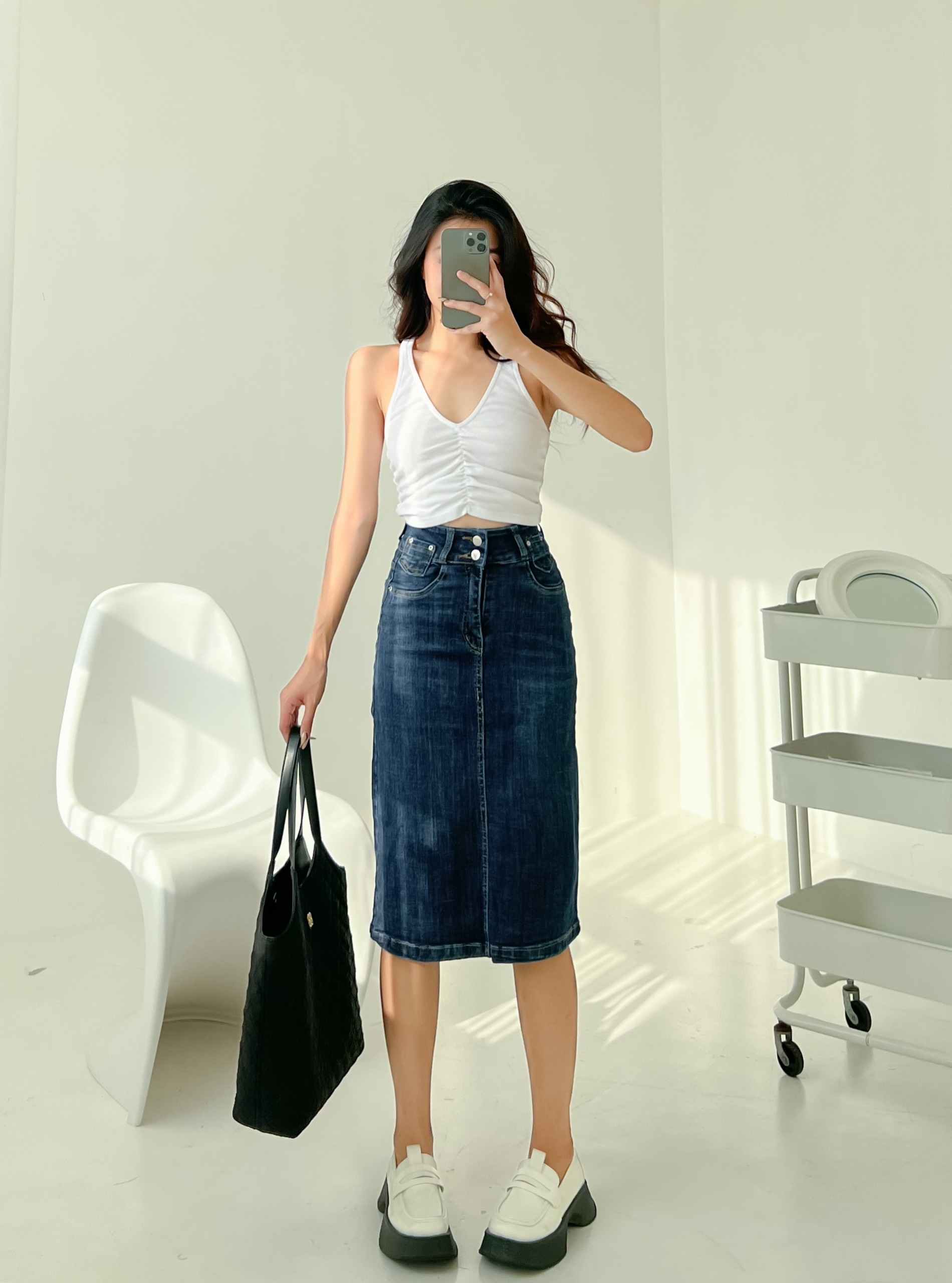 Chân váy jeans midi dáng bút chì co giãn lưng siêu cao ôm eo tôn dáng mẫu thiết kế HQJeans HQ9037