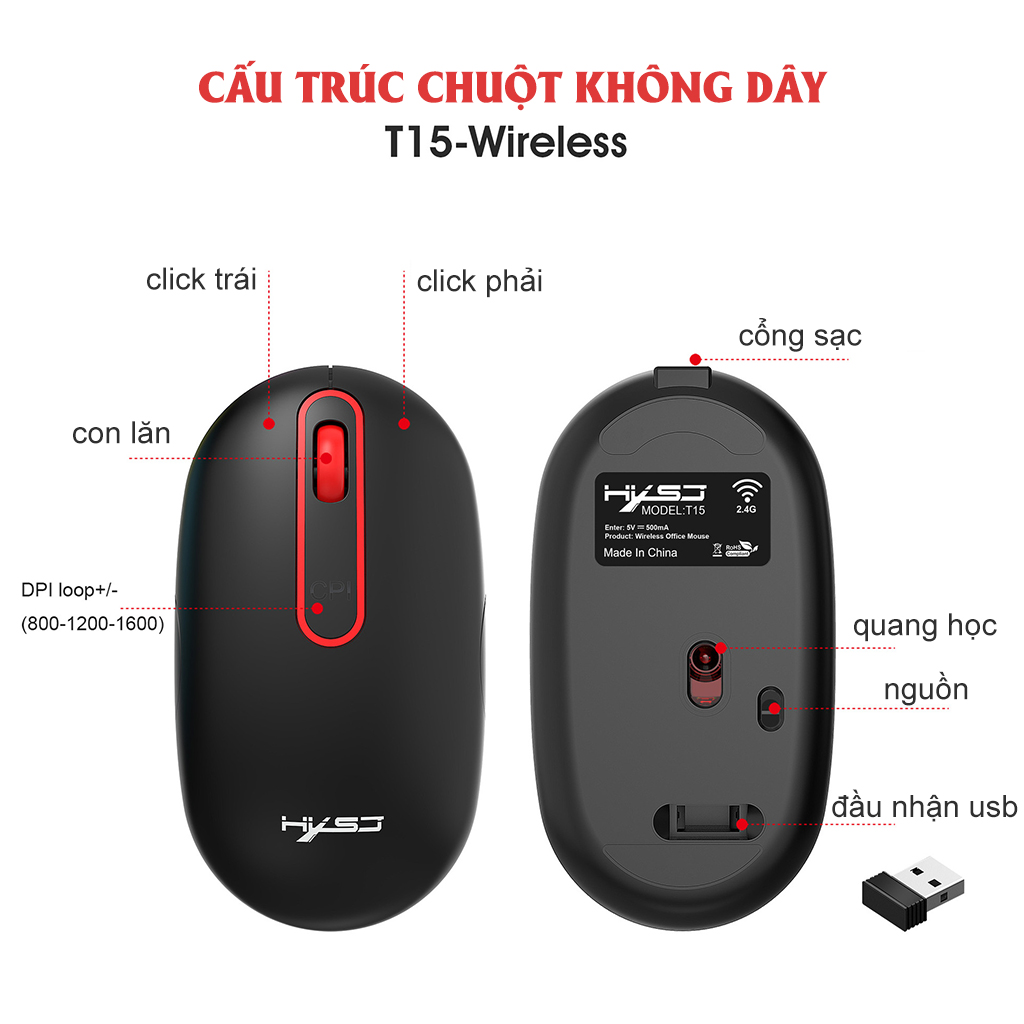 Chuột không dây HXSJ T15 wireless 2.4G tự sạc pin siêu mỏng không gây tiếng ồn chuyên dùng cho Máy tính, pc, Laptop, Tivi - Hàng chính hãng