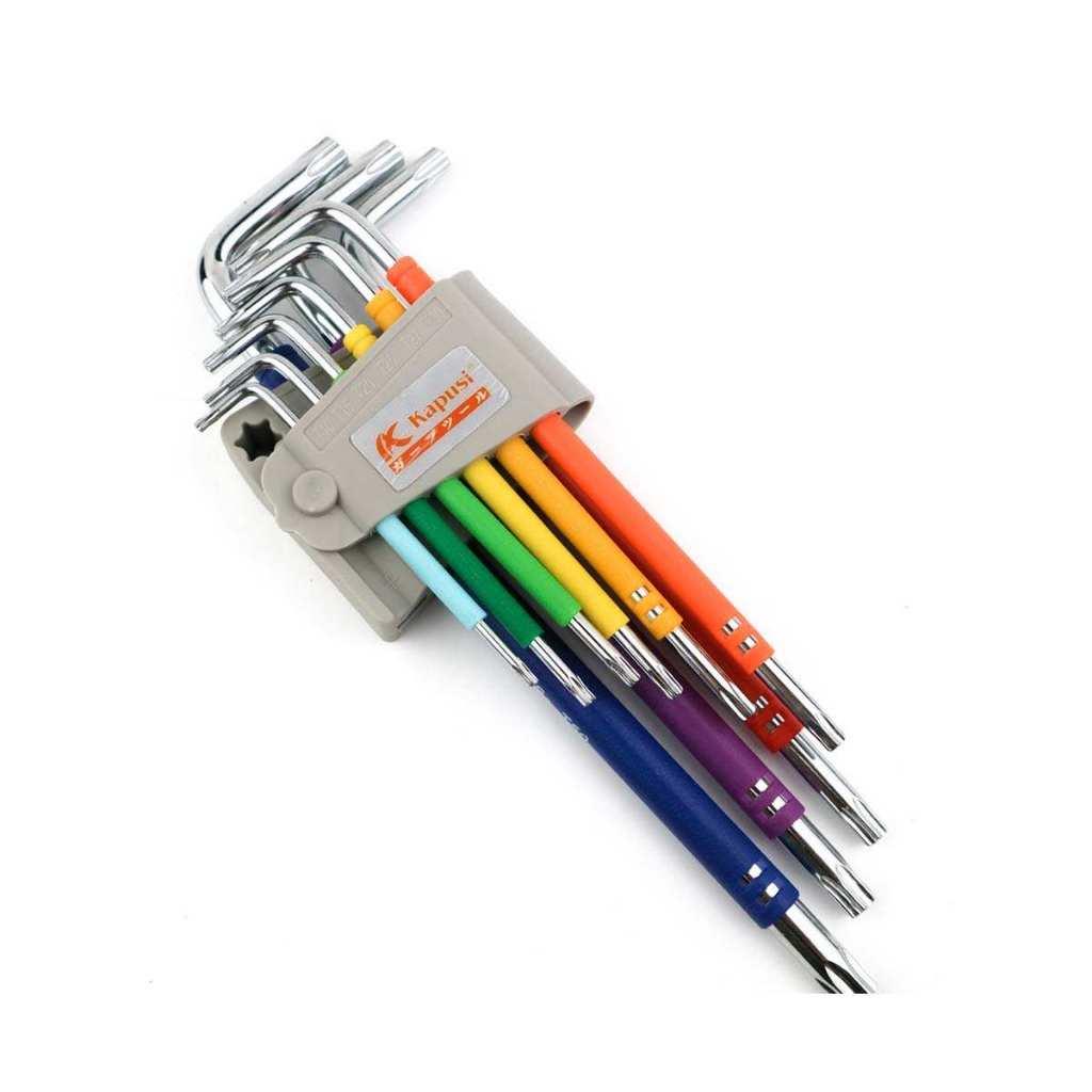 Bộ lục giác bi, bộ hoa thị đầu bông mai có lỗ thép nâu S2 dài Nhật Kapusi JAPAN 9 chi tiết