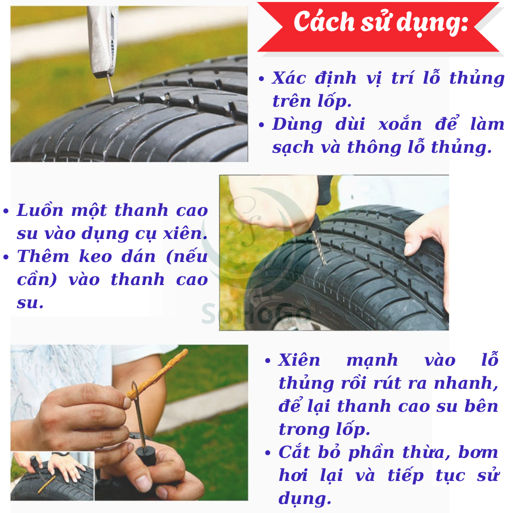 Bộ Dụng Cụ Vá Lốp Xe Ô Tô – Xe Máy Khẩn Cấp Tiện Lợi -Bộ Vá Lốp Xe Đa Năng – Có Keo + Dây Cao Su + Dụng Cụ Xuyên