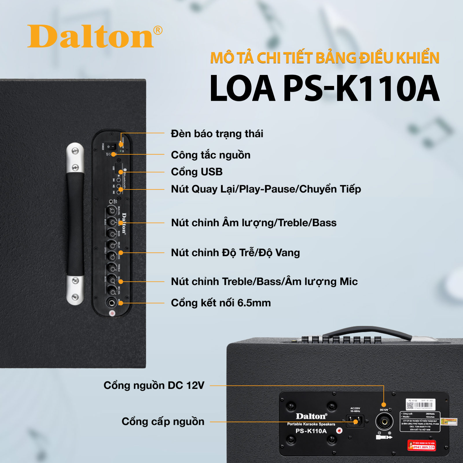 Loa karaoke xách tay Dalton PS-K110A công suất 280W bass đường kính 2.5 tấc ( 25 cm ) củ từ lớn, loa treble 10 inchs - HÀNG CHÍNH HÃNG-Sản phẩm sản xuất tại Việt Nam [ Bảo hành 12 tháng ]