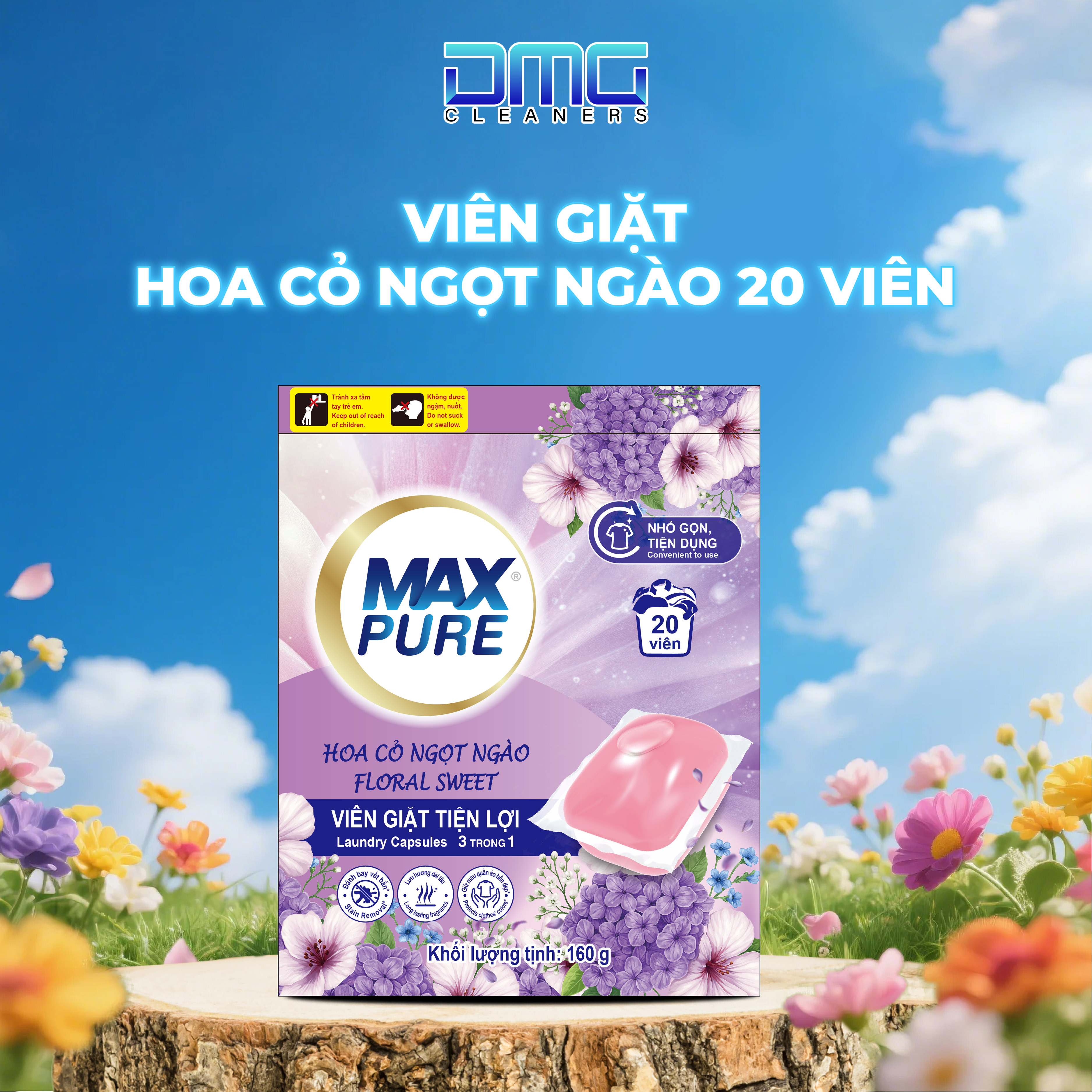 Túi 20 Viên Giặt Tiện Lợi 3 trong 1 Maxpure Hương Hoa Cỏ Ngọt Ngào