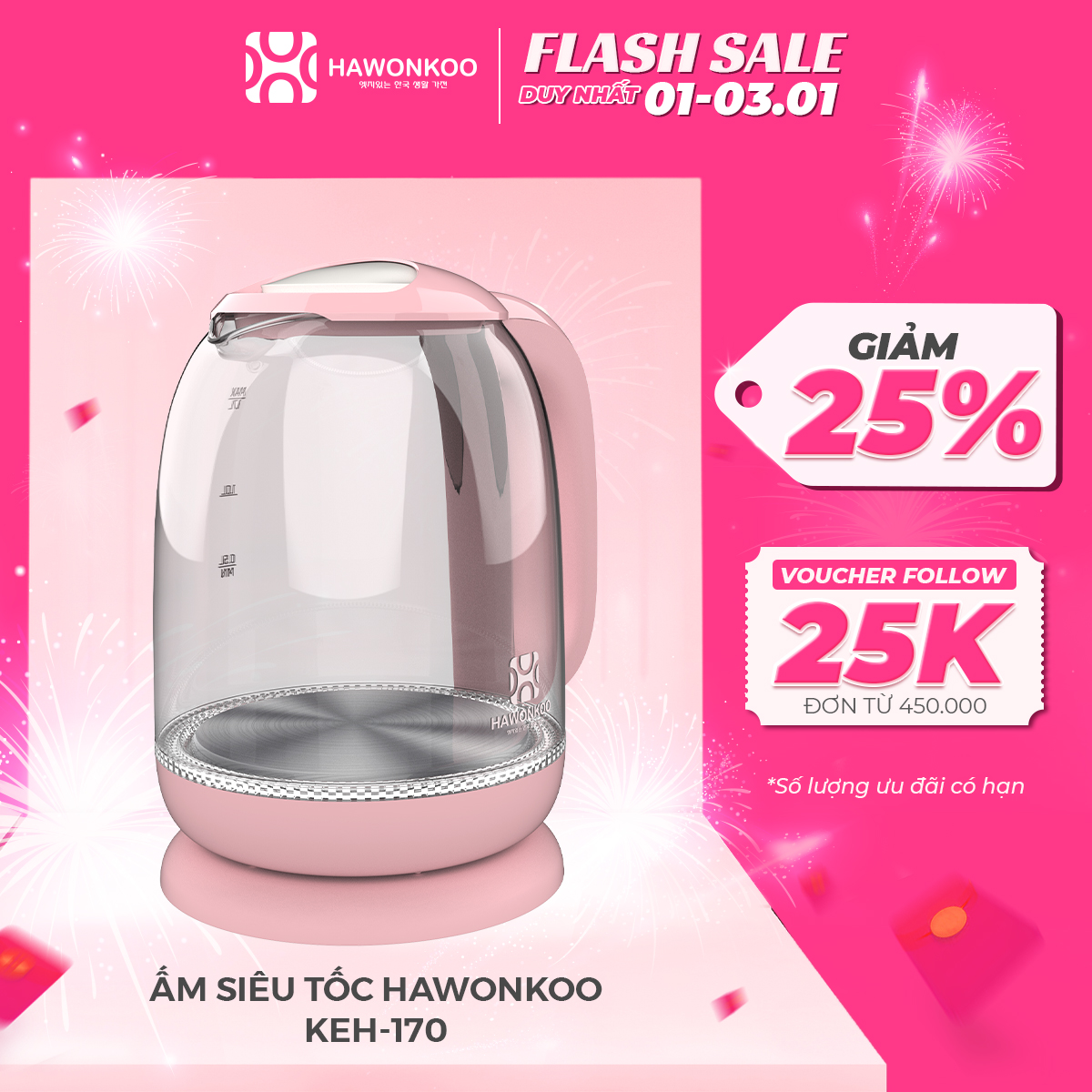 Ấm siêu tốc HAWONKOO KEH-170 1,7 Lít 2200W Hàng Chính Hãng Bảo Hành 12 Tháng - Thương Hiệu Hàn Quốc