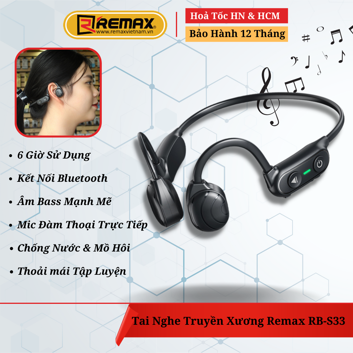 Tai nghe Bluetooth Thể Thao Remax RB-S33 Dẫn Truyền Âm Thanh Qua Xương Sọ, Không Gây Đau Tai -Hàng Chính Hãng Remax Bảo Hành 12 Tháng Lỗi 1 Đổi 1