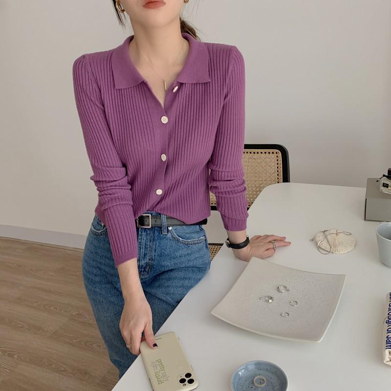 Xiaozhainv Áo Cardigan Dệt Kim Tay Dài Cổ Bẻ Phong Cách Hàn Quốc
