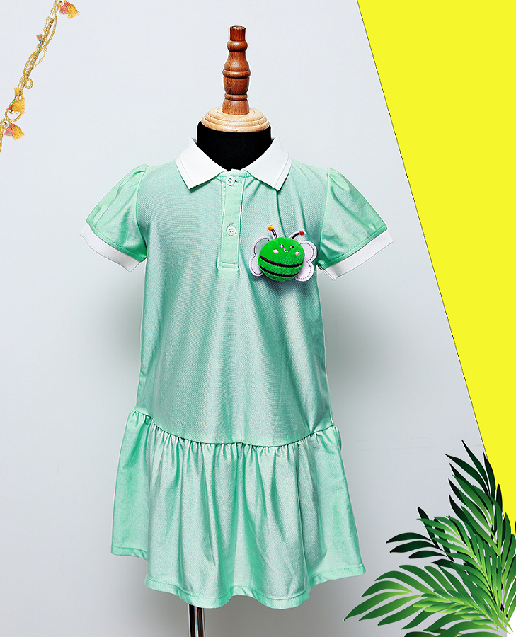 ĐẦM POLO BÉ GÁI HẠ EO XANH MINT LOGO BEE