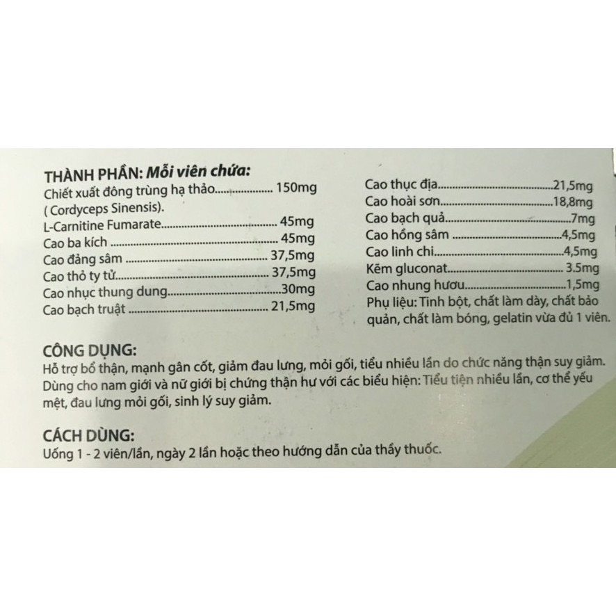 ÍCH THẬN EROS - Hộp 30 Viên -tăng cường sinh lý, phục hồi chức năng thận, tiểu đêm, đau lưng, Vinaphar