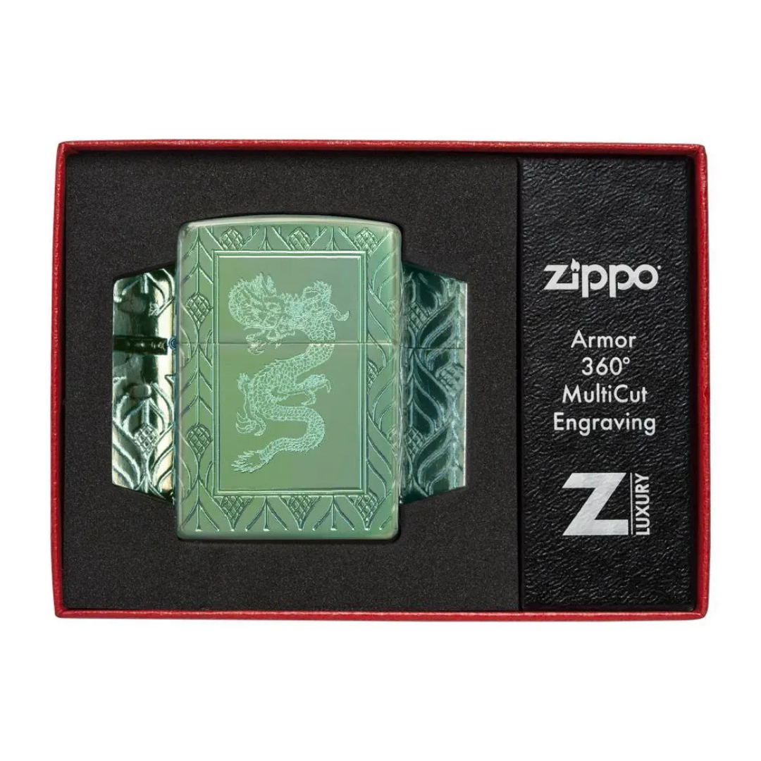 Bật Lửa Zippo Armor High Polish Green Elegant Dragon - Vỏ Dày Khắc Sâu MultiCut Hình Rồng Xanh Cao Cấp