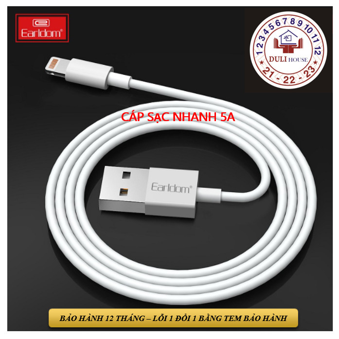 EARLDOM Lightning Cáp sạc nhanh 5A cho Iphone/Ipad độ bền cao, màu trắng, dài 1M, tiết kiệm thời gian sạc, ổn định, an toàn - Hàng Chính Hãng