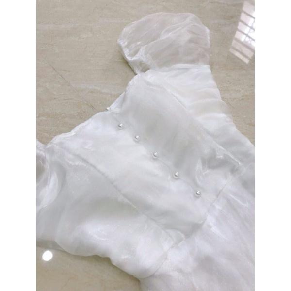 TCO-ảnh thật Váy đầm nữ dáng xòe màu trắng tinh khôi phối nút HT59