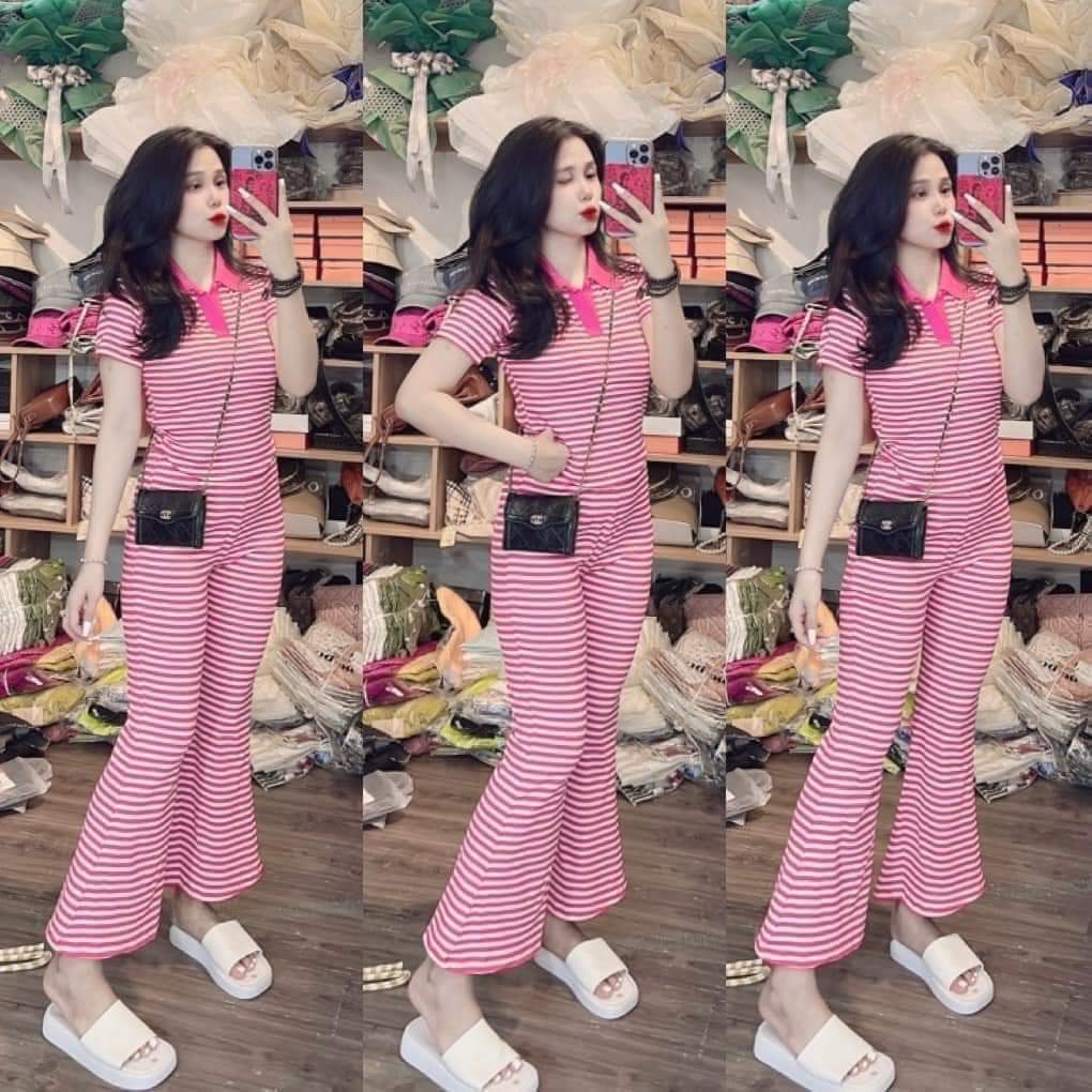 Sét Bộ Thun Sọc Áo Có Cổ Quần Dài Ồn Loe Cao Cấp Rẻ Đẹp