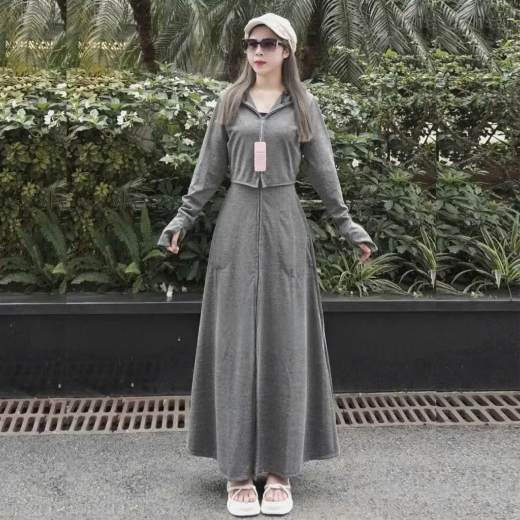 Áo khoác chống nắng nữ toàn thân 2 lớp cao cấp mũ trùm đầu tay xỏ ngón UPF50+ Size XL 53-66kg Vải Umi Cotton Co Dãn 4 Chiều Dày Dặn Làm Mát | Thời Trang | Đa Dụng