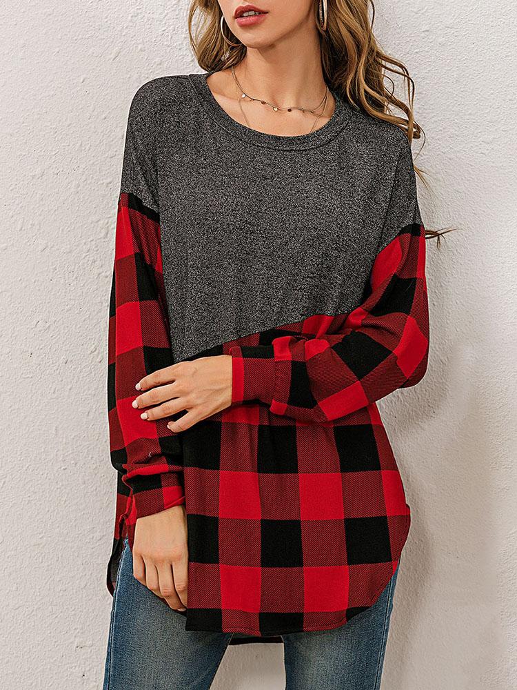 Fashion Women Sweatshirt Plaid Splicing O-Neck Long Sleeve Pullover Rounded Hem Loose Fit Casual Tunic Tops