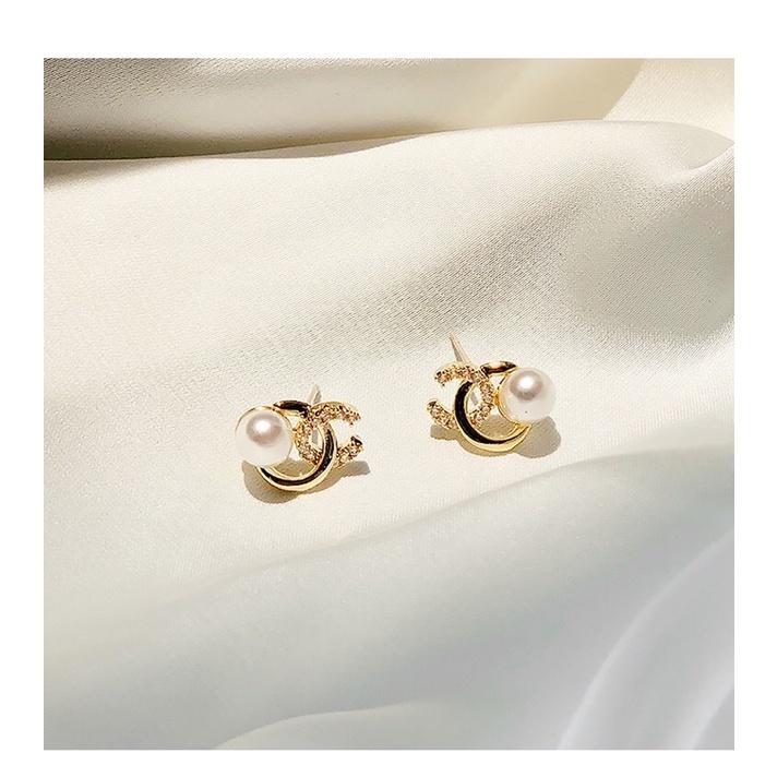 Hoa tai chữ X đính ngọc trai nhân tạo, chuôi bạc 925