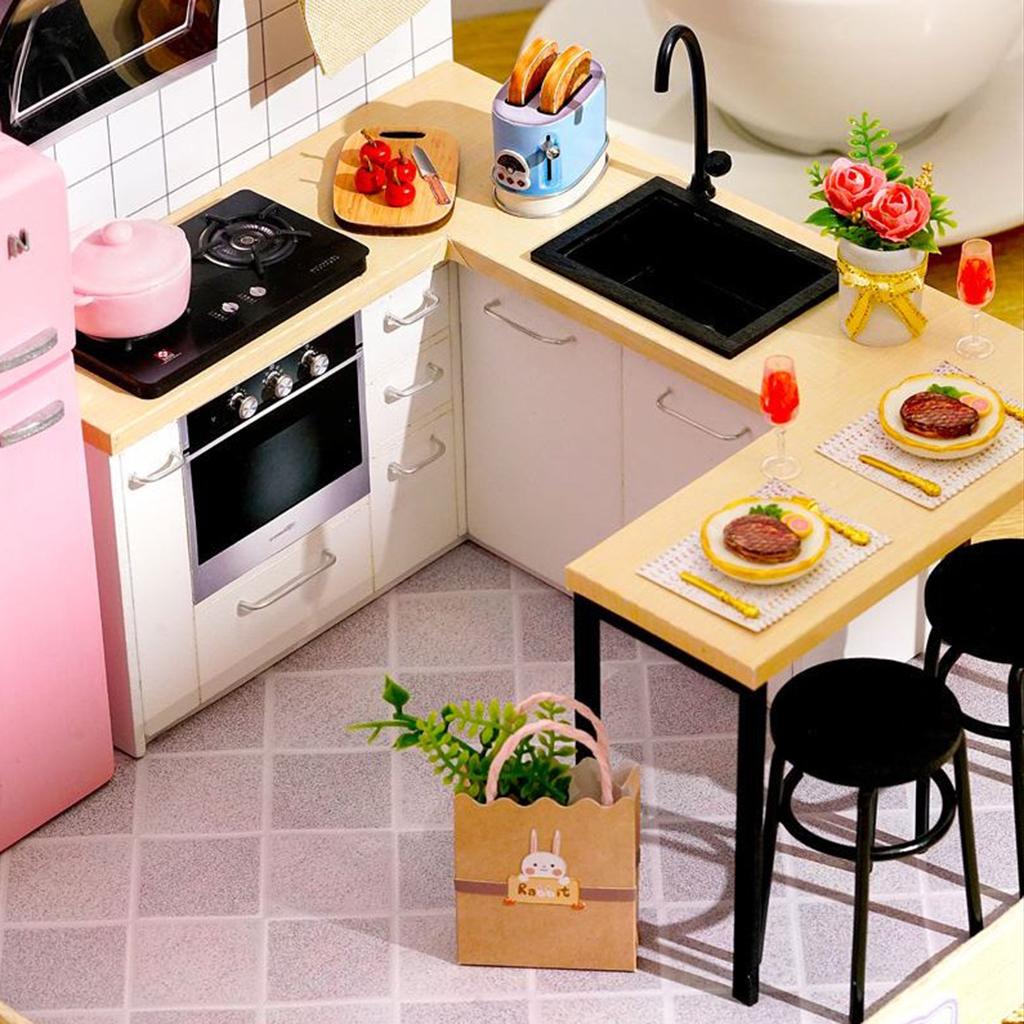 1/124 DIY Dollhouse Wooden Miniature Furniture Kit Mini 3D House with LED & Dustproof Cap, Best Birthday Gifts for Women & Girls