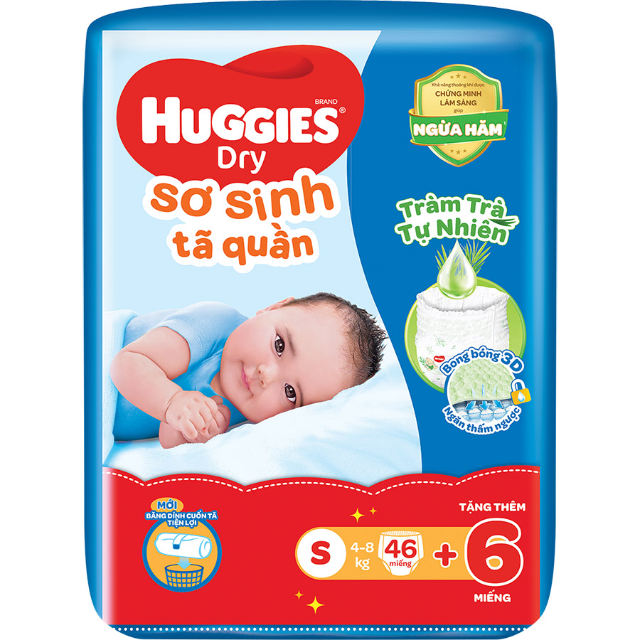 Combo 3 gói Tã quần Huggies Dry cỡ S mới (4kg-8kg) - Gói 46 miếng Tràm Trà + Tặng 6 miếng