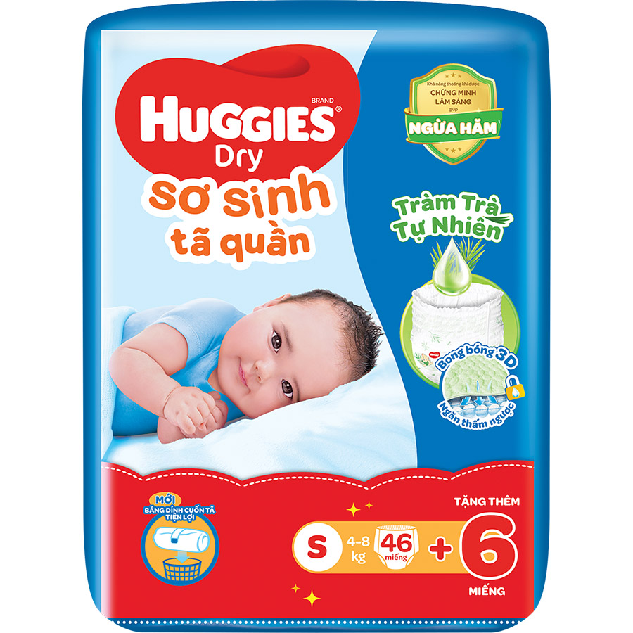 Tã quần Huggies Dry cỡ S mới (4kg-8kg) - Gói 46 miếng Tràm Trà + Tặng 6 miếng