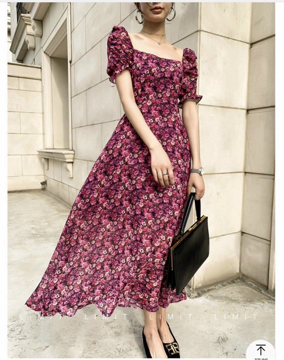 Đầm xòe maxi lụa hoa mềm mịn cổ vuông bo chun siêu co giãn vintage - VN482001