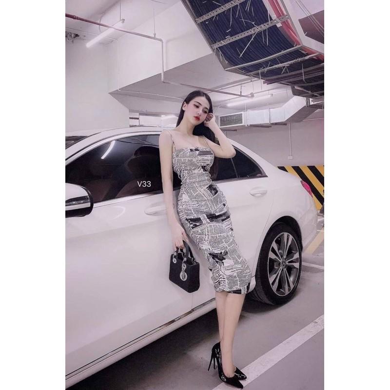Đầm body hoạ tiết 2 dây có mút ngực xinh lung linh