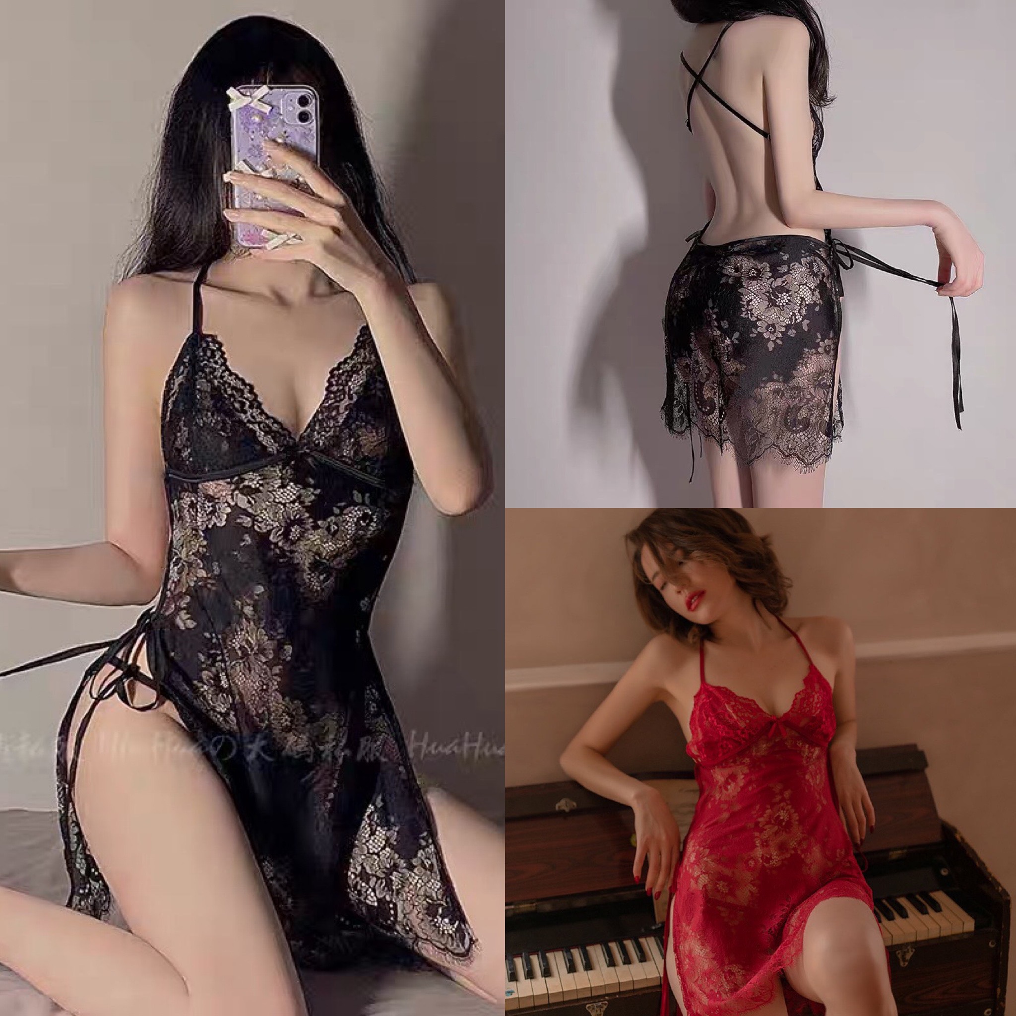 Váy ngủ ren xuyên thấu hở lưng 2 mảnh buộc dây sexy siêu phẩm