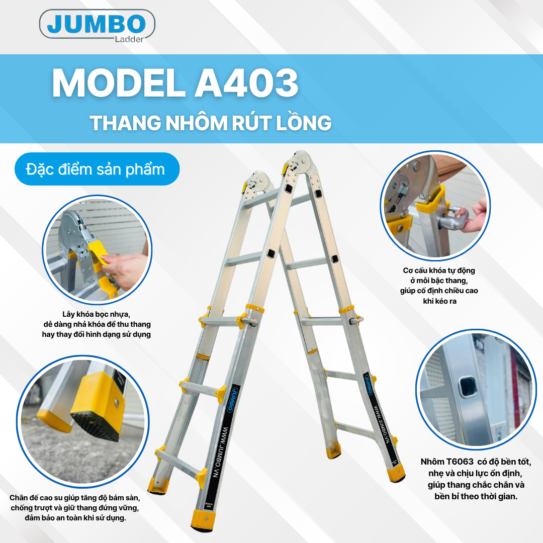 Thang nhôm trượt đa năng JUMBO A403 - Chữ A cao nhất 1.4m, chữ I cao nhất 3.0m, tải trọng 300kg