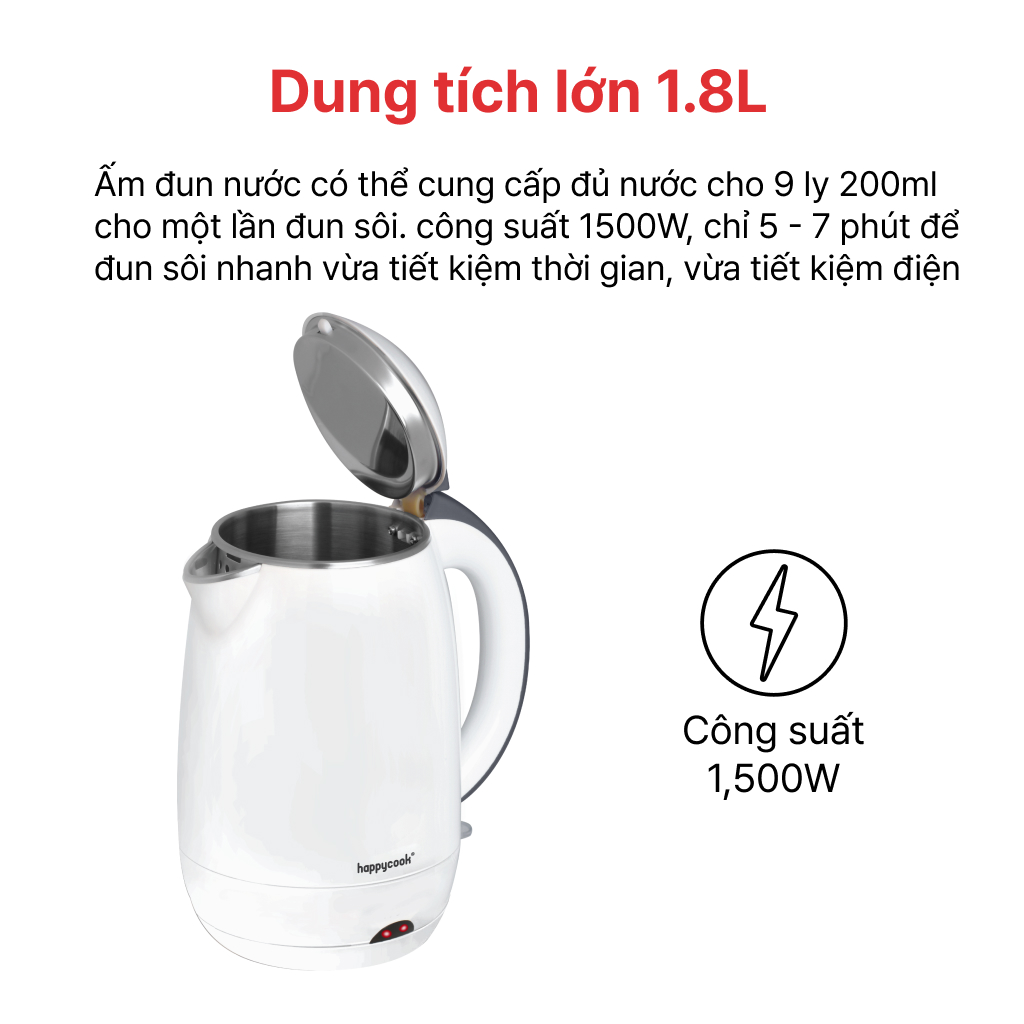 Ấm siêu tốc Happy Cook 1.8L HEK-180PW - Hàng Chính Hãng