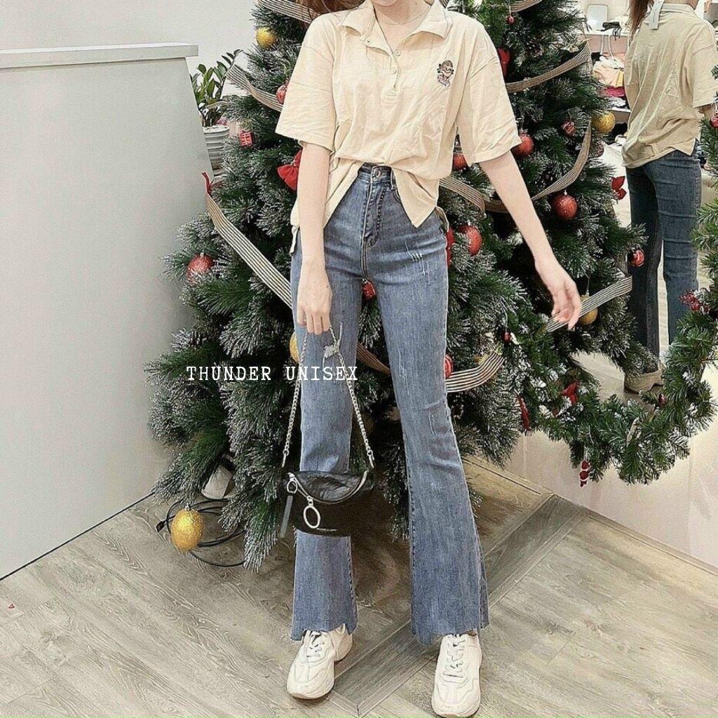 Quần Jean Nữ Ống Loe Lưng Cao Gấu Rách Cá Tính Quần Bò Loe Co Giãn Hack Dáng ThunderUnisex Phong Cách Hàn Quốc Ulzzang