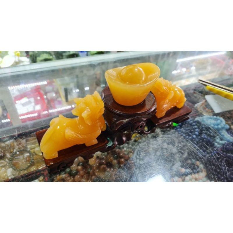 Bộ Tỳ Hưu 10cm + Bát tụ bảo 10cm + đế gỗ Đá ngọc Hoàng Long