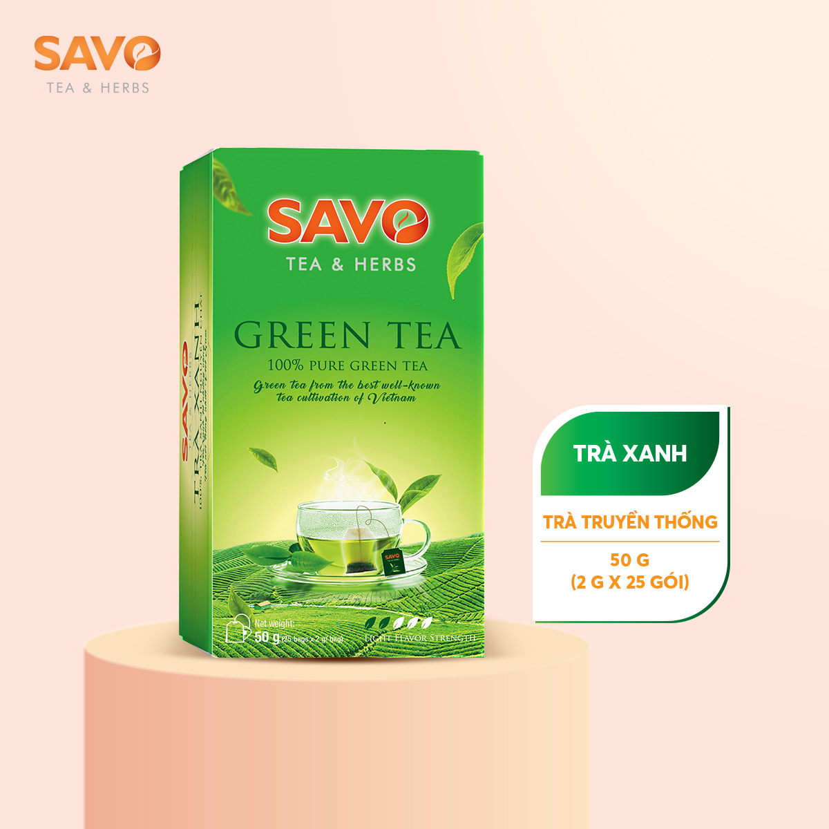 Trà Xanh SAVO Tea túi lọc (Green Tea) - Hộp 25 Gói x 2g