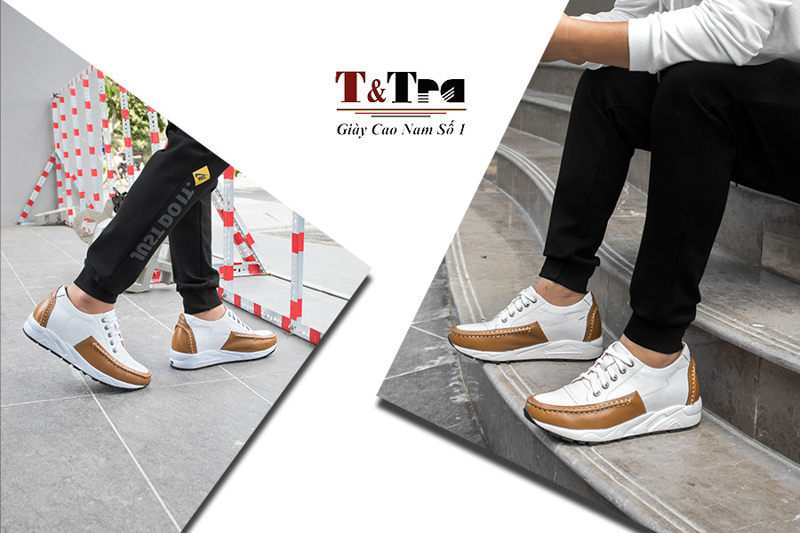 Giày Tăng Chiều Cao Nam Siêu Nhẹ T&TRA Tăng Cao 8Cm- T27 Trắng Nâu- Chất Liệu Da Bò Cao Cấp, Đế và Lót Tăng Cao Chất Liệu EVA Siêu Nhẹ, Trọng Lượng Nhẹ Hơn 30% So Với Đế Cao Su