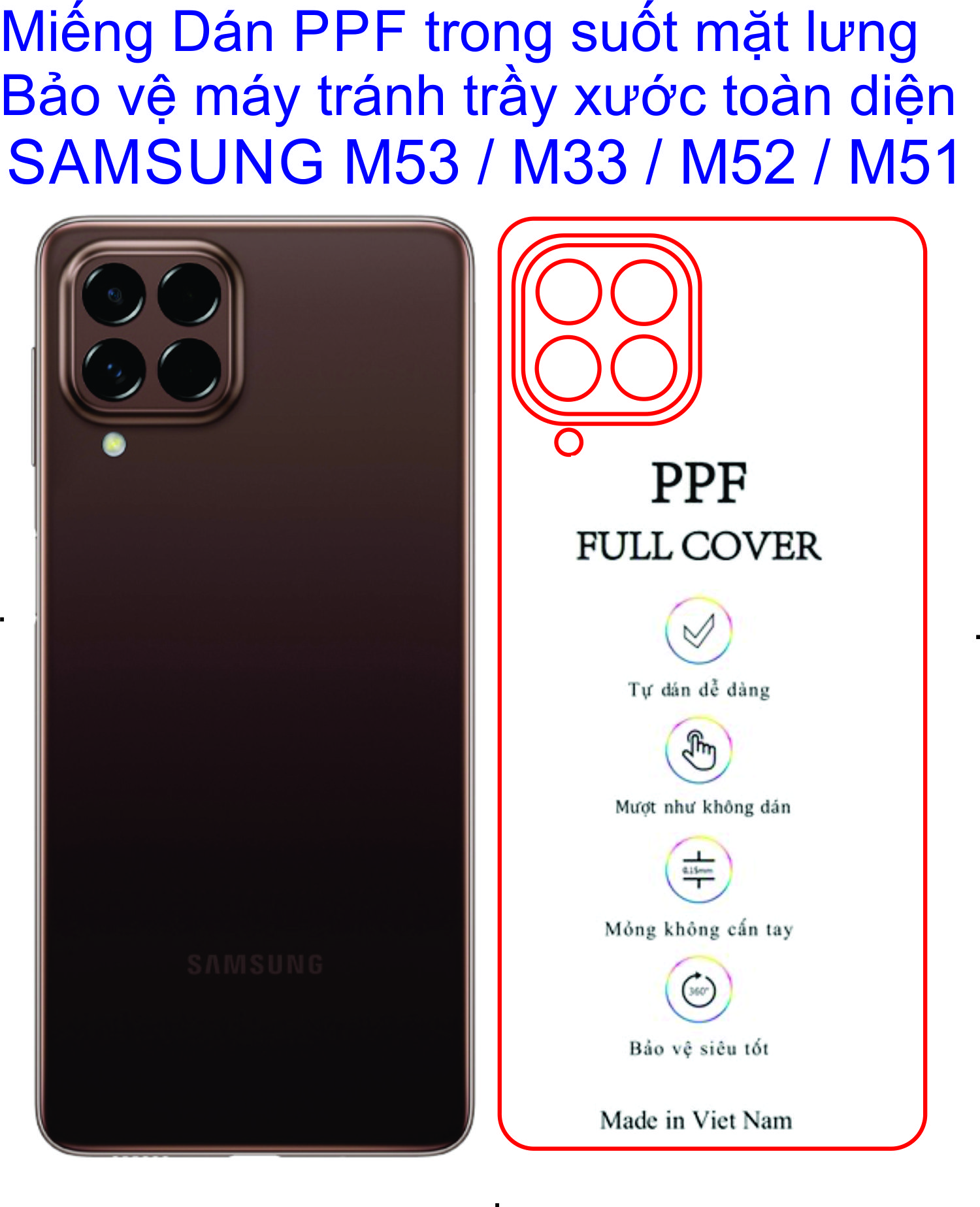 Miếng Dán PPF lưng dành cho SAMSUNG M53 / M52 / M33 / M51 Bảo vệ máy chống trầy xước toàn diện