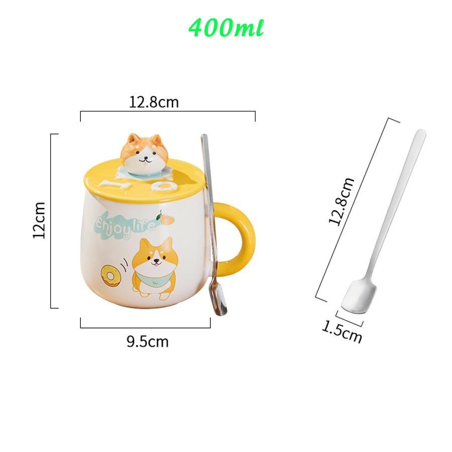 Cốc Gốm Sứ Vẽ Tay Chú Chó Corgi, Shiba Inu Cute Dễ Thương 400ml Có Nắp Và Thìa