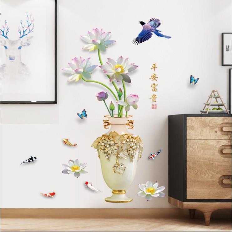 Decal trang trí  dán tường bình hoa sen cá