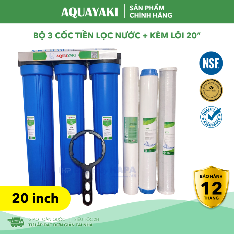 Máy Lọc Nước Sinh Hoạt 3 Cấp 20 inch AQUAYAKI Cao Cấp Kèm Lõi, Bộ Lọc Thô Bán Công Nghiệp, Bộ Tiền Xử Lý Nước Gia Đình - Hàng Chính Hãng