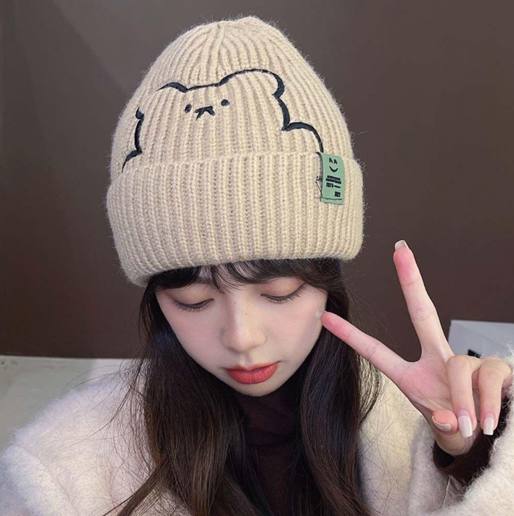 Nón len đội đầu nữ hình Gấu cute dáng beanie trùm tai thời trang mùa đông đẹp rẻ đi học đi chơi